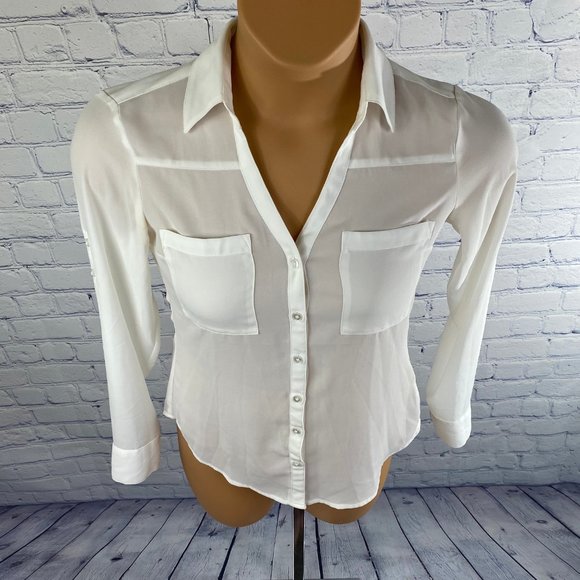 Express Sheer White Portofino Long Sleeve Shirt - Picture 3 of 10